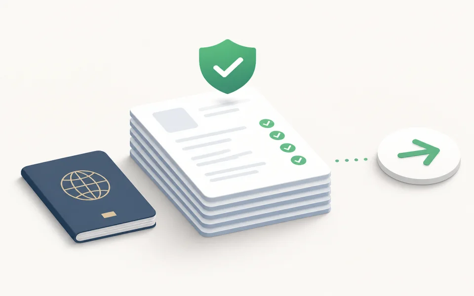 Clean visa document stack with a check mark ready for submission