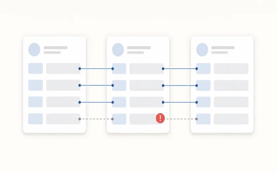 Visa documents connected by verification lines with one inconsistency highlighted