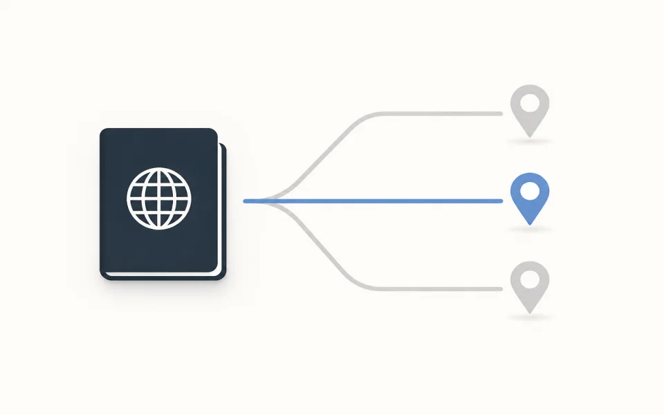 Passport, route map, and separate embassy document stacks for different filing routes