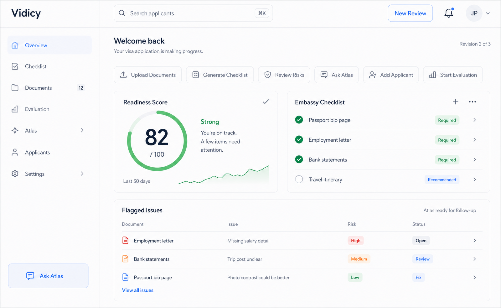 Vidicy dashboard showing readiness score, embassy checklist, and flagged document issues