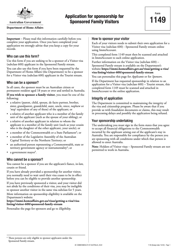 Cover page of official Australian Form 1149, the sponsorship form used for sponsored family visitor cases under subclass 600.