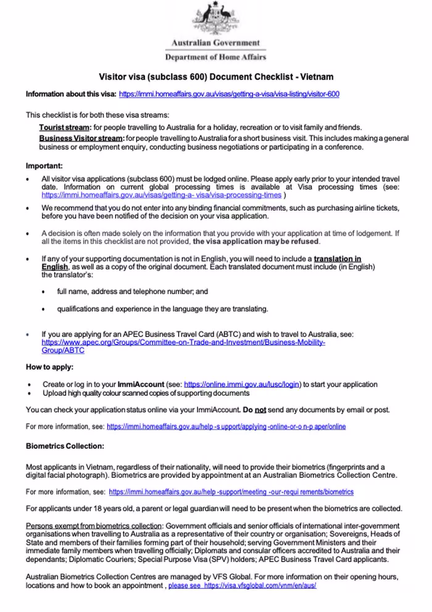 Official subclass 600 checklist page used here because it shows the online-lodgement, translation, and decision-ready expectations a cover letter should support rather than contradict.