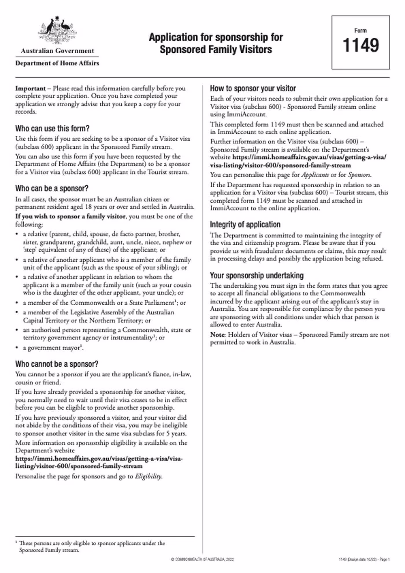Official Form 1149 cover page, included here because it shows the point where a normal tourist cover letter stops being enough and formal family sponsorship starts.