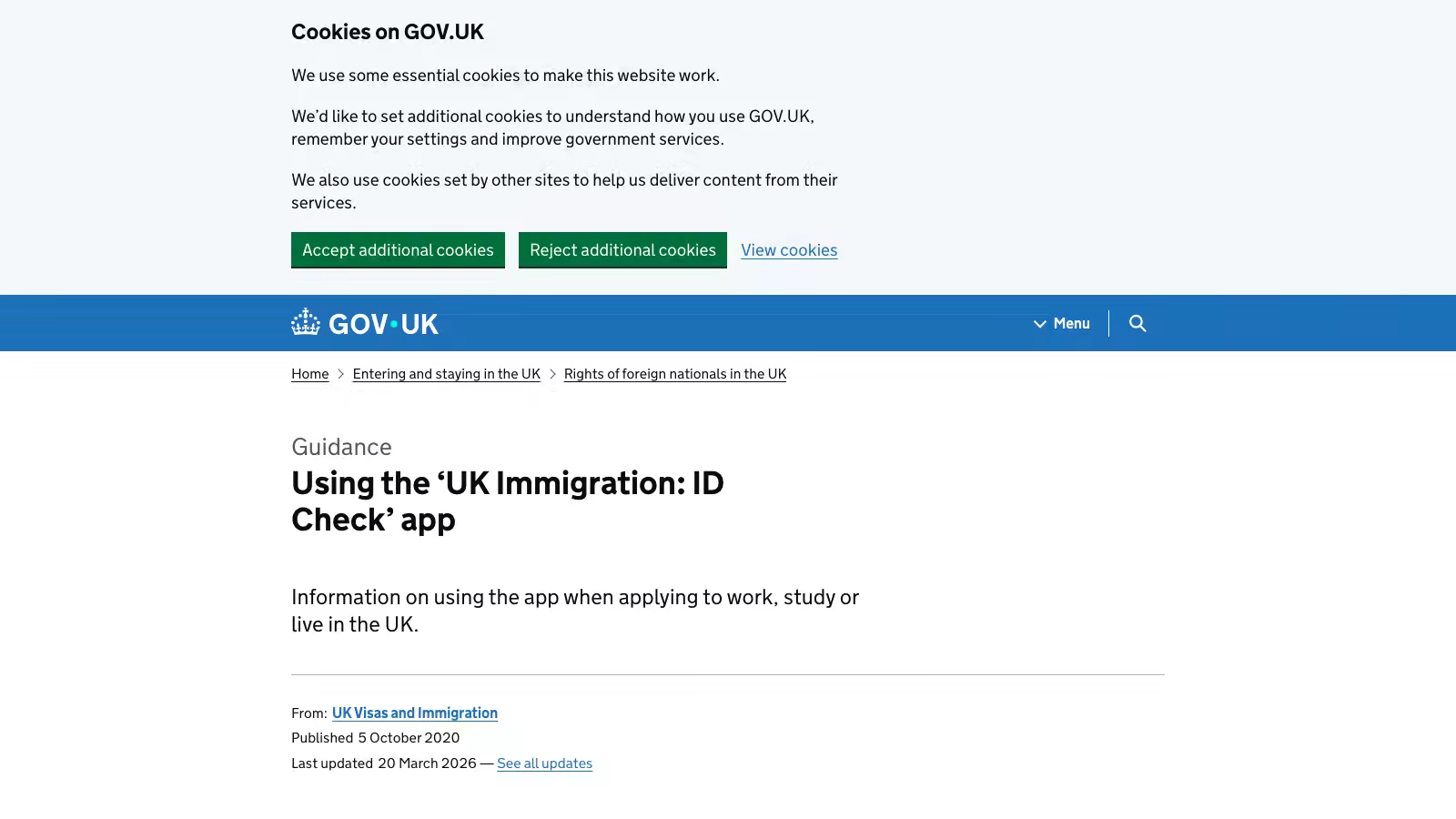 Official GOV.UK UK Immigration: ID Check app guidance, shown here so applicants can recognise the correct identity-verification path before they submit.