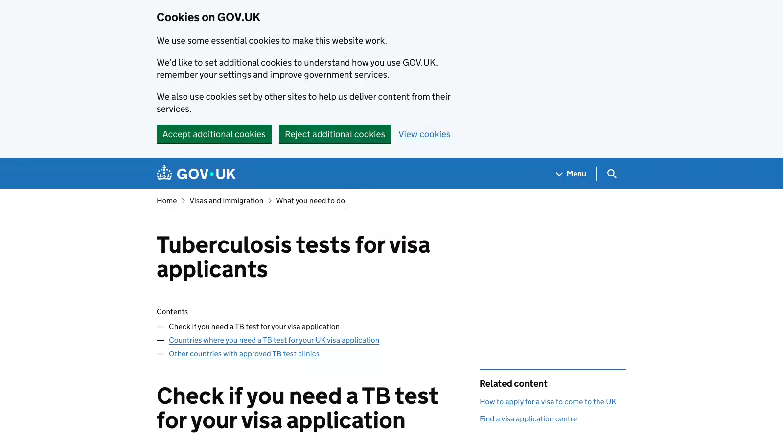 Official GOV.UK tuberculosis test guidance, used here because TB evidence is one of the conditional documents that still delays work-visa files when applicants miss it.