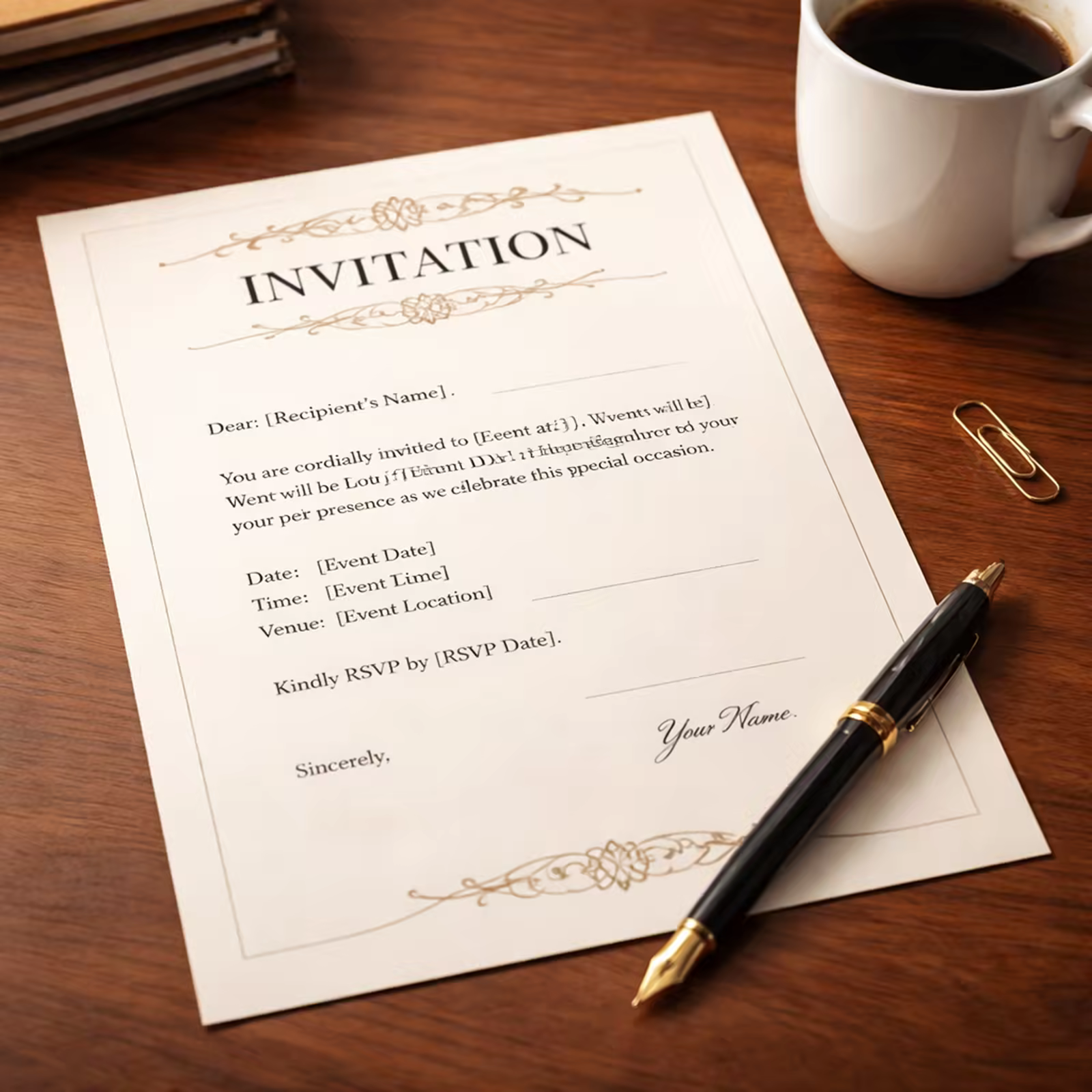 Printable invitation letter template ready for signing on a desk with a pen