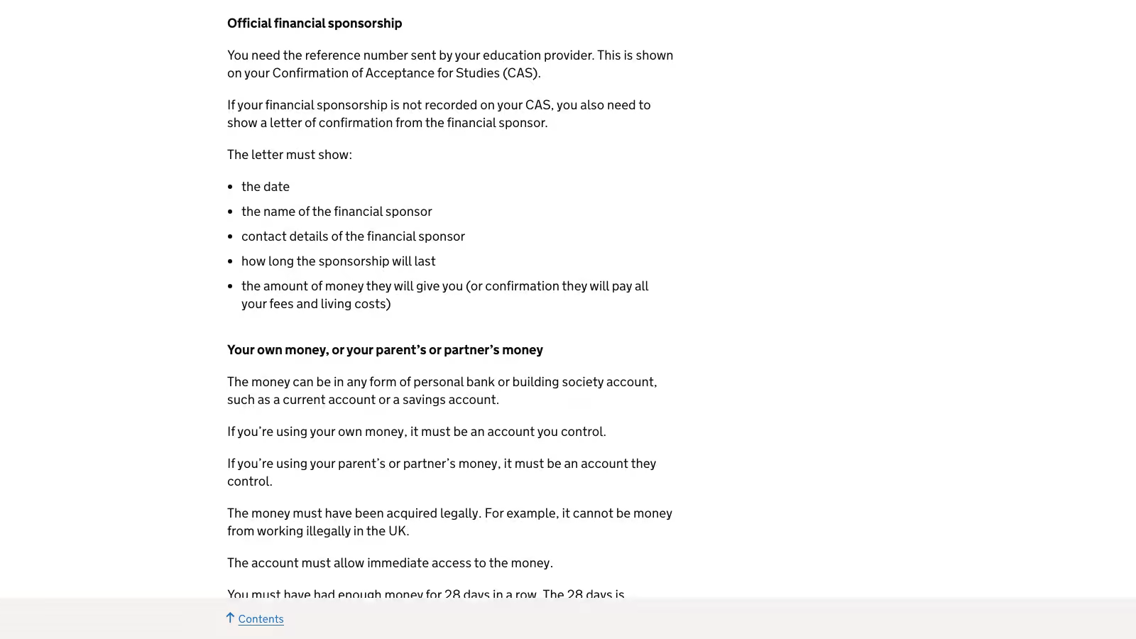 Official GOV.UK financial evidence guidance showing the parent, partner, loan, and official sponsorship rules discussed in this section.