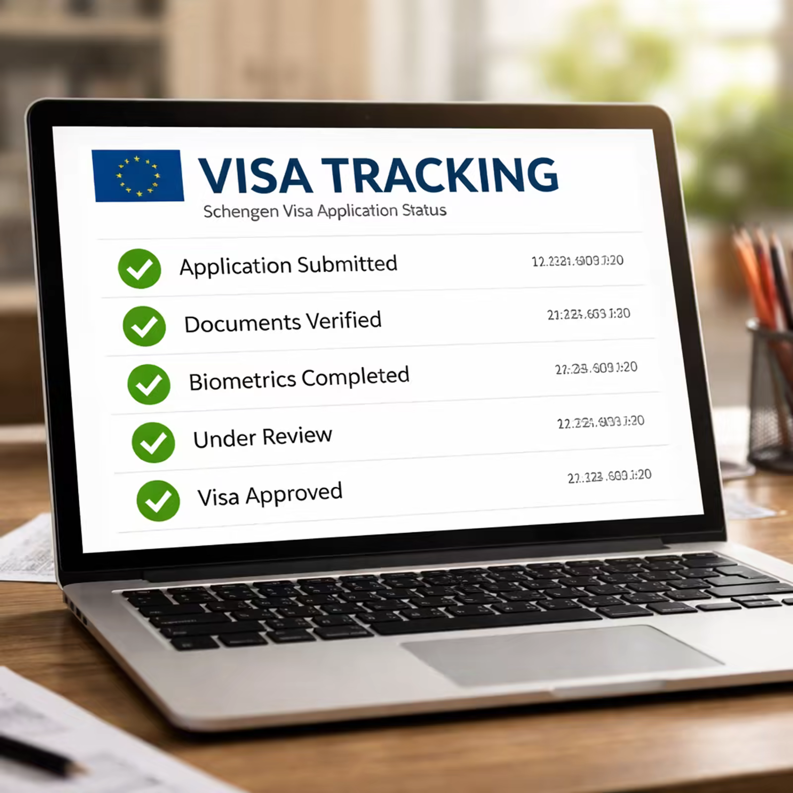 Schengen visa application tracking status dashboard with completed checklist steps