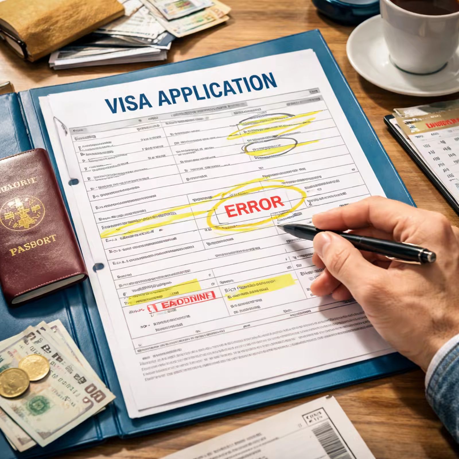 Traveler reviewing a visa application folder with a highlighted form error and deadline calendar