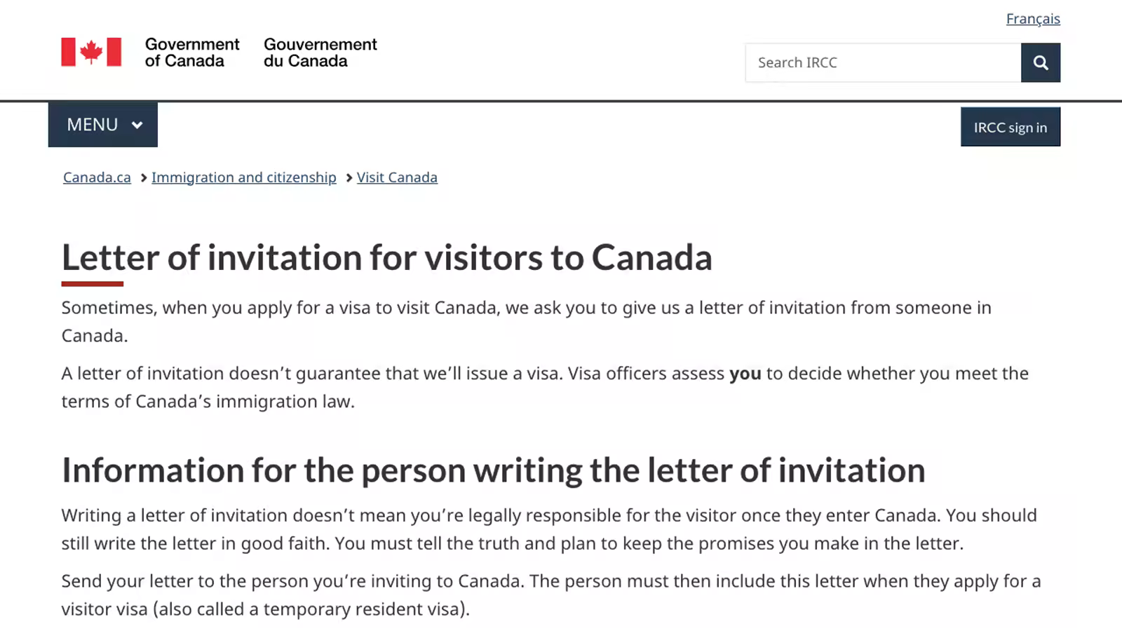 IRCC invitation-letter guidance showing the host and visitor details Canada expects to see in a sponsor-backed visitor file.
